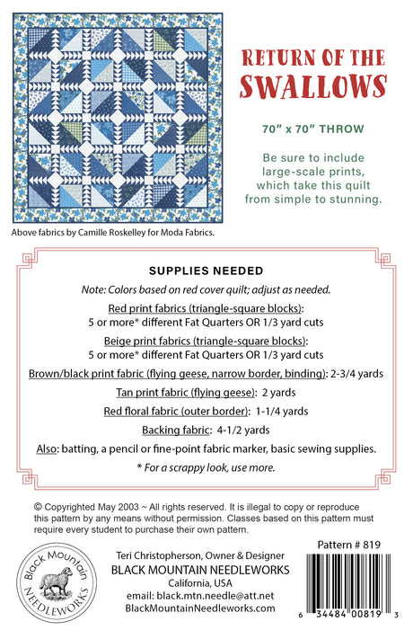 Back of the Return of the Swallows Downloadable Pattern by Black Mountain Needleworks