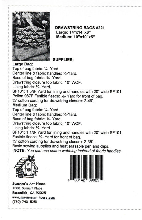 Back of the Drawstring Bags Pattern by Suzannes Art House