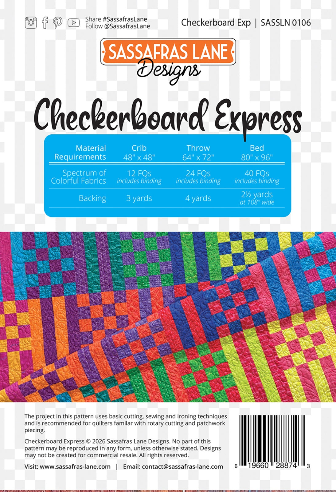 Back of the Checkerboard Express Quilt Pattern by Sassafras Lane Designs