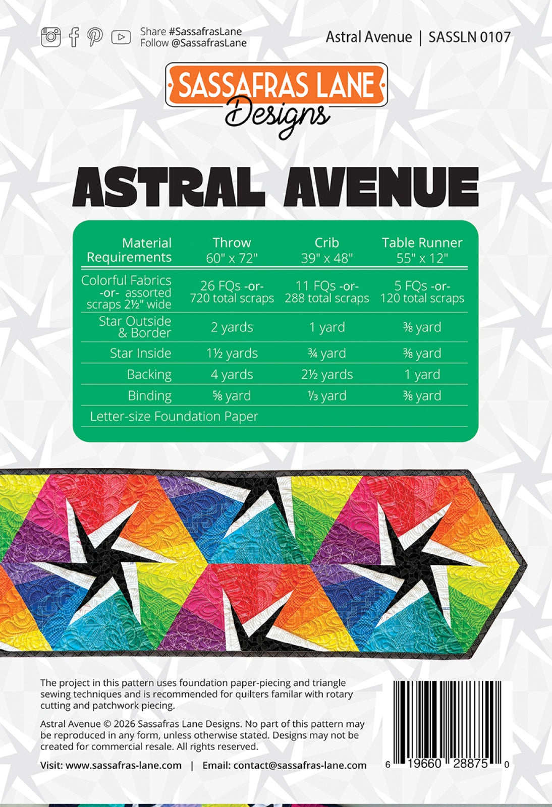Back of the Astral Avenue Quilt Pattern by Sassafras Lane Designs