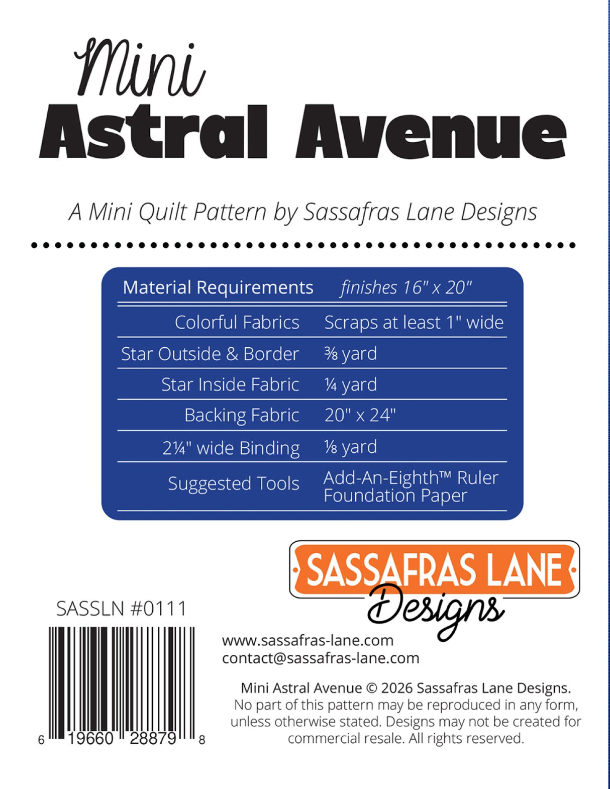 Back of the Mini Astral Avenue Quilt Pattern by Sassafras Lane Designs