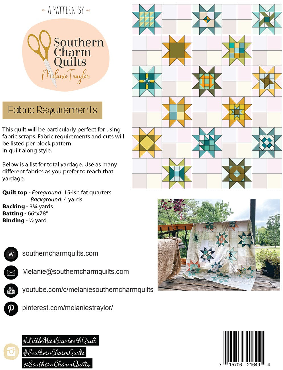 Back of the Little Miss Sawtooth Quilt Pattern by Southern Charm Quilts