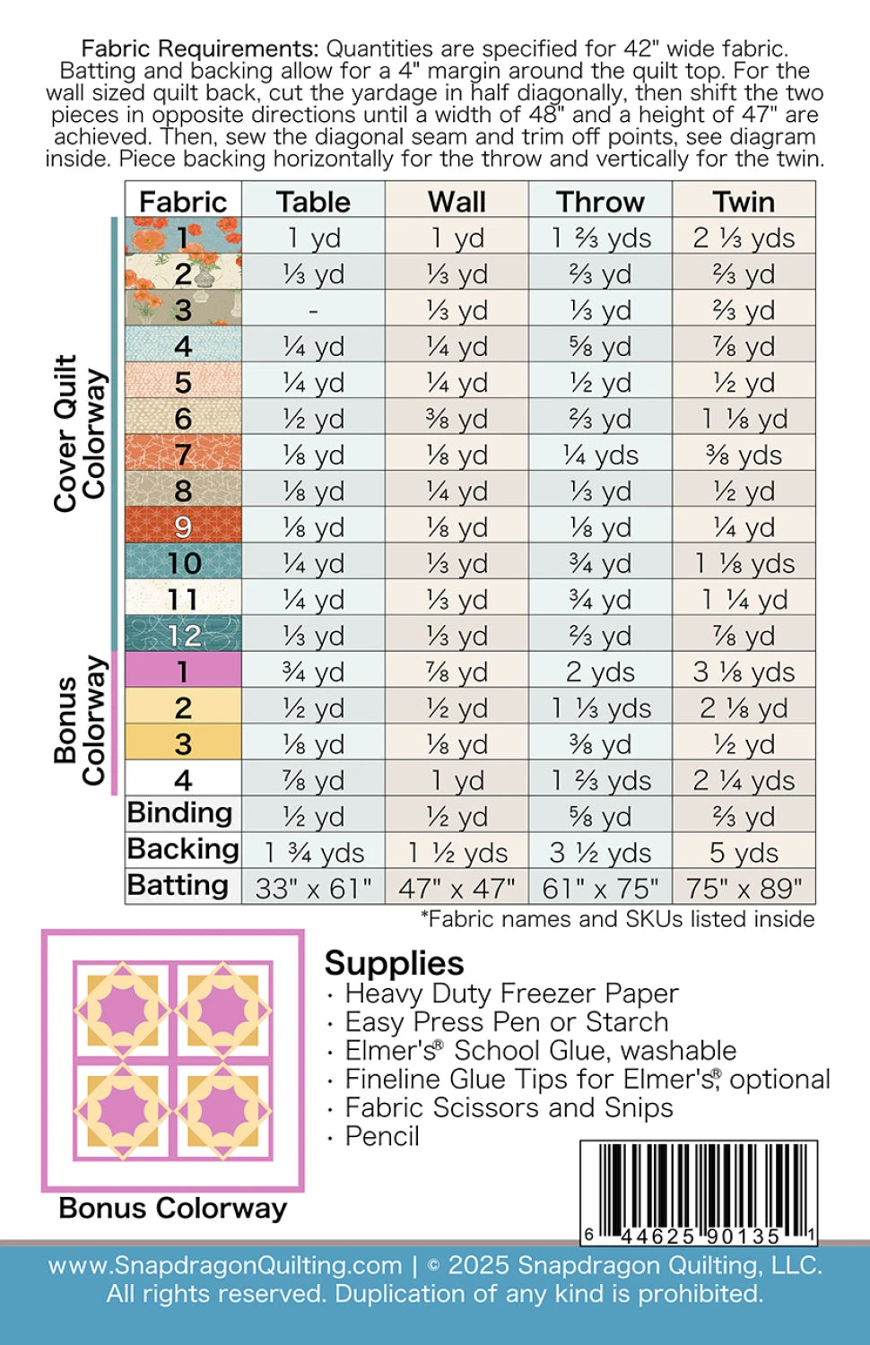 Back of the Poppy Louise Quilt Pattern by Snapdragon Studios