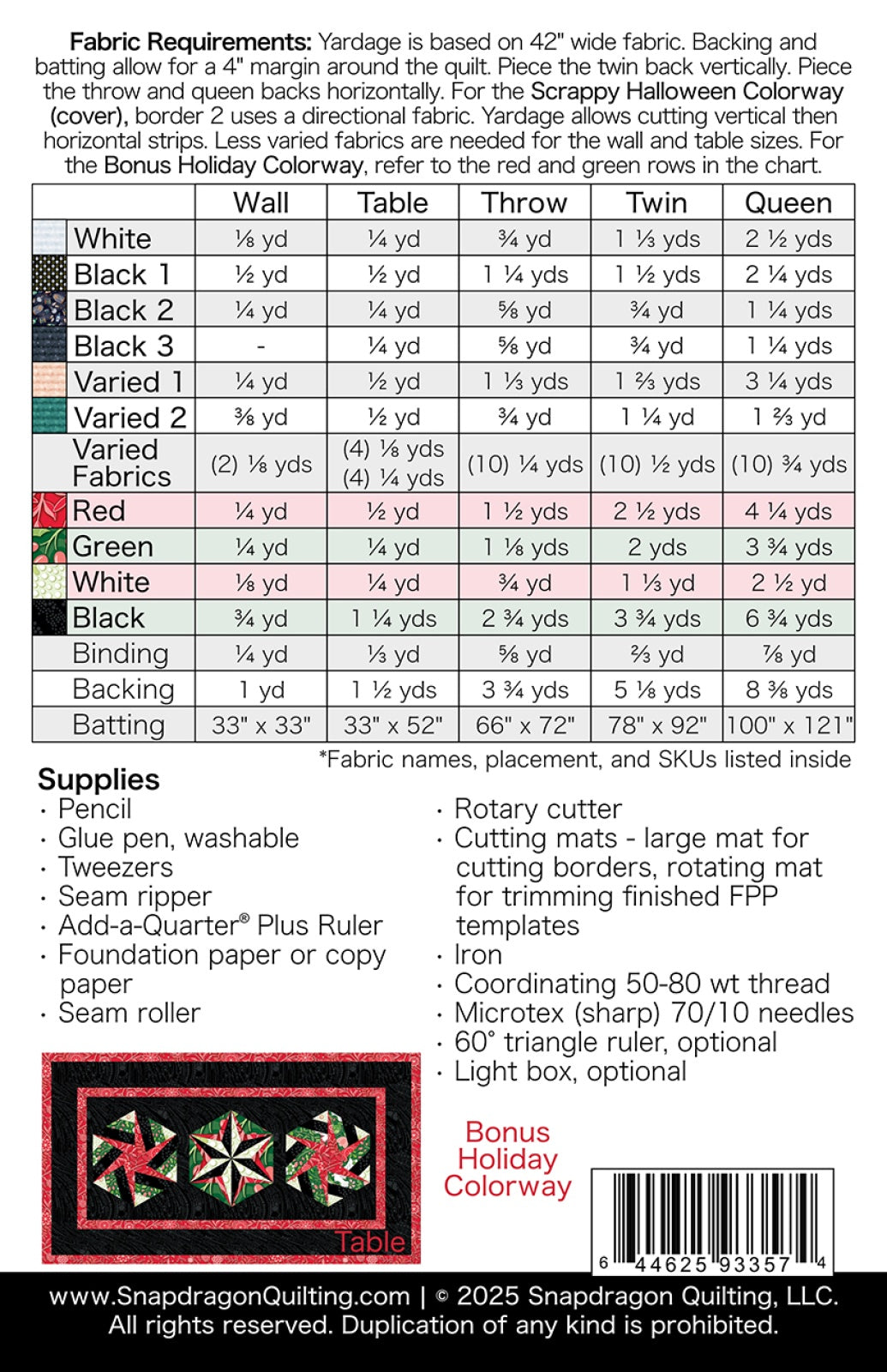 Back of the Midnight Hex Quilt Pattern by Snapdragon Quilting