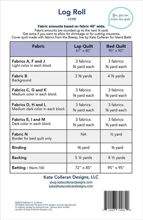 Back of the Log Roll Quilt Pattern by Kate Colleran Designs