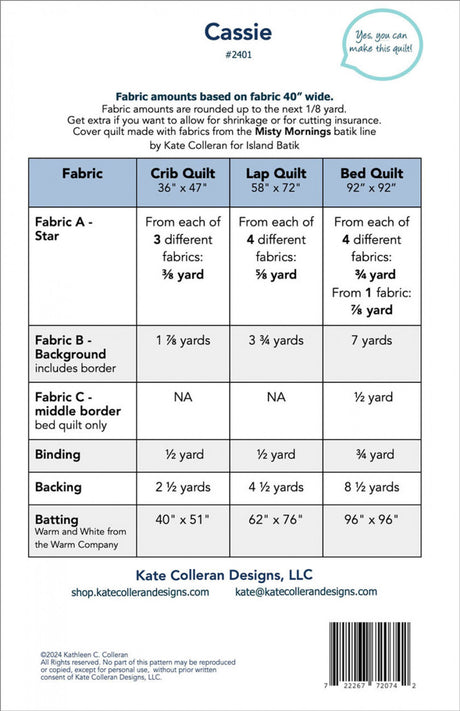 Back of the Cassie Quilt Pattern by Kate Colleran Designs