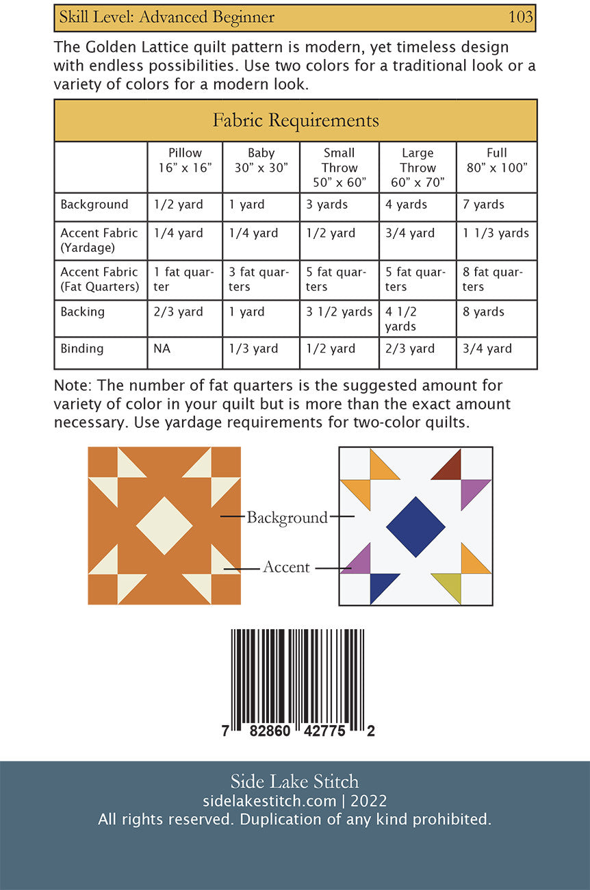 Back of the Golden Lattice Quilt Pattern by Side Lake Stitch