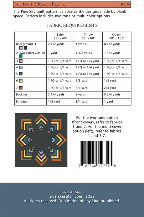 Back of the Pine Sky Quilt Pattern by Side Lake Stitch