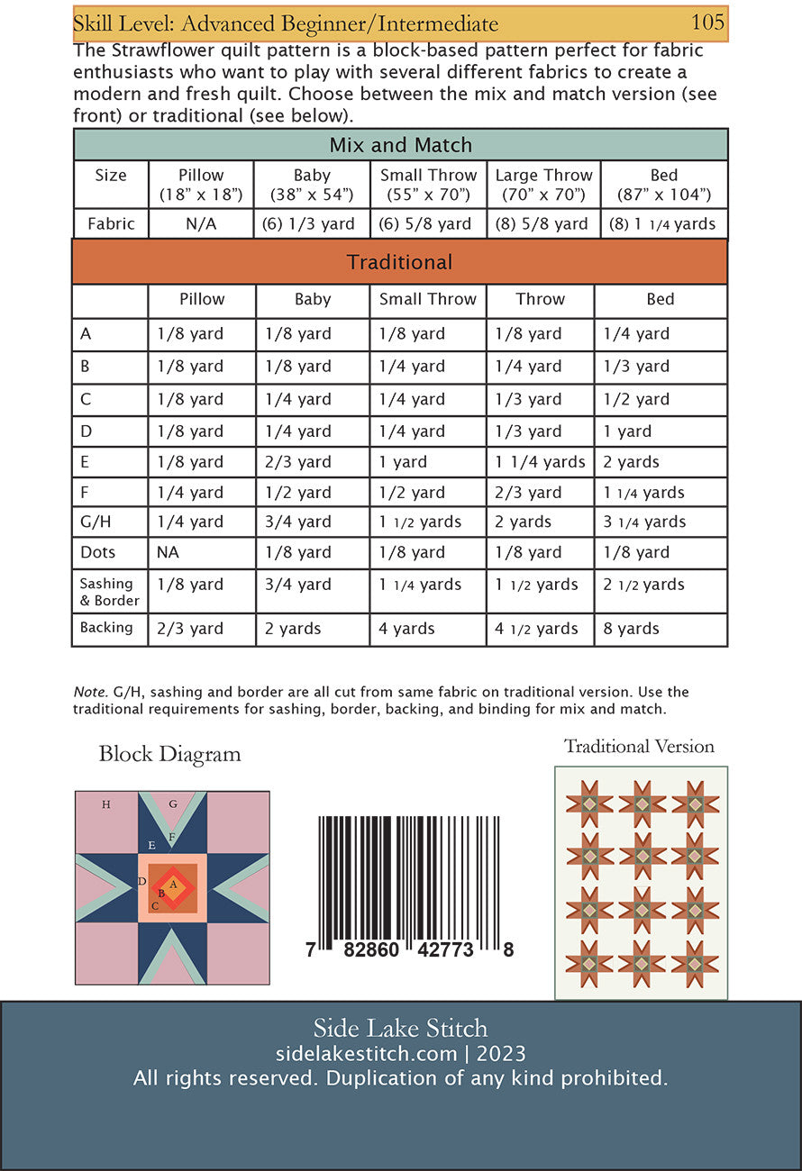 Back of the Strawflower Quilt Pattern by Side Lake Stitch