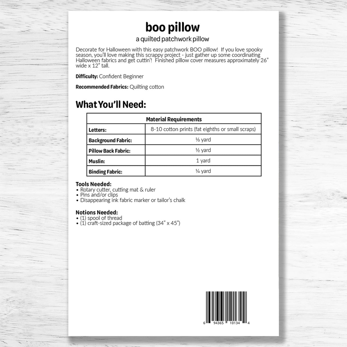 Back of the Boo Pillow Quilt Pattern by Studio M Squared