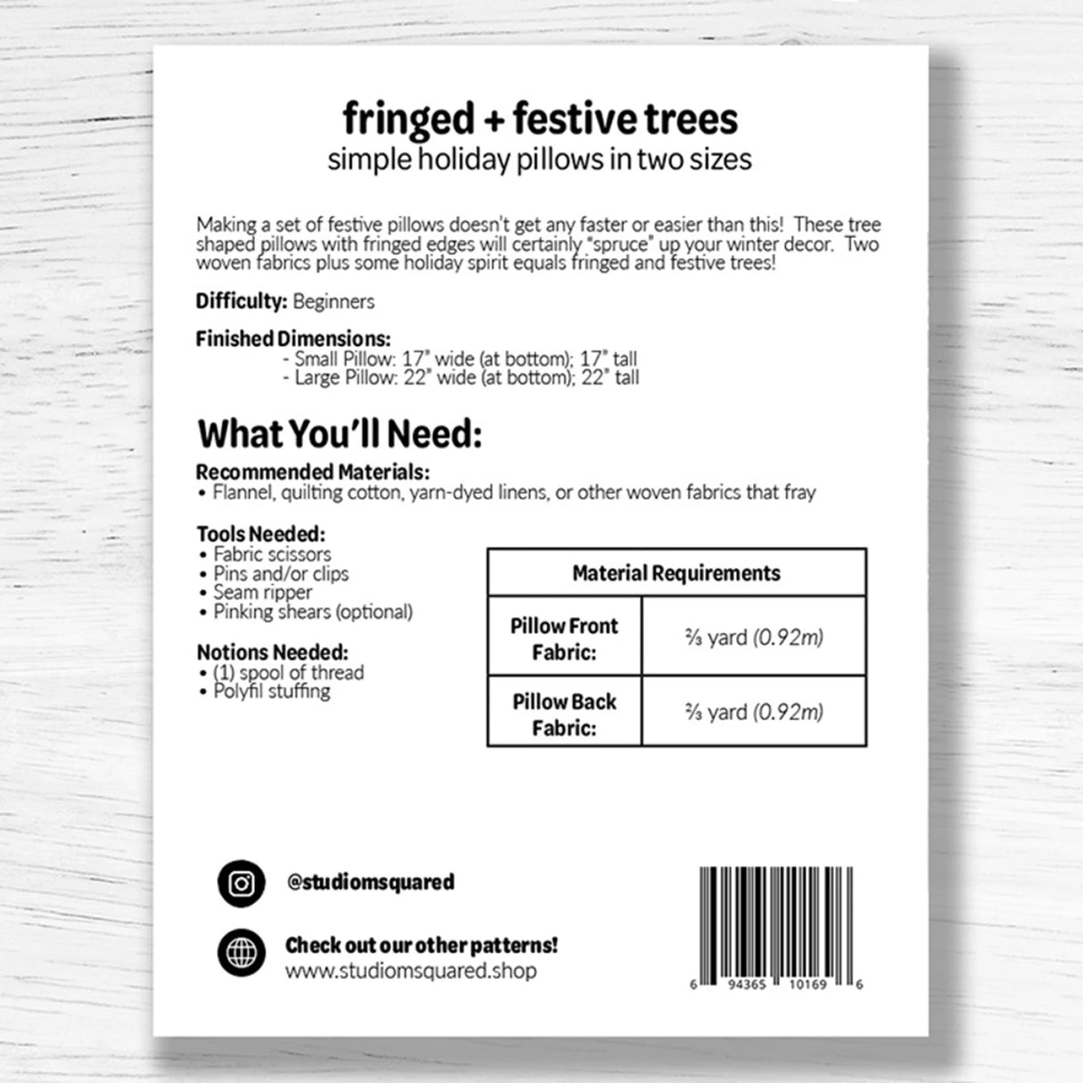 Back of the Fringed + Festive Trees Pattern by Studio M Squared