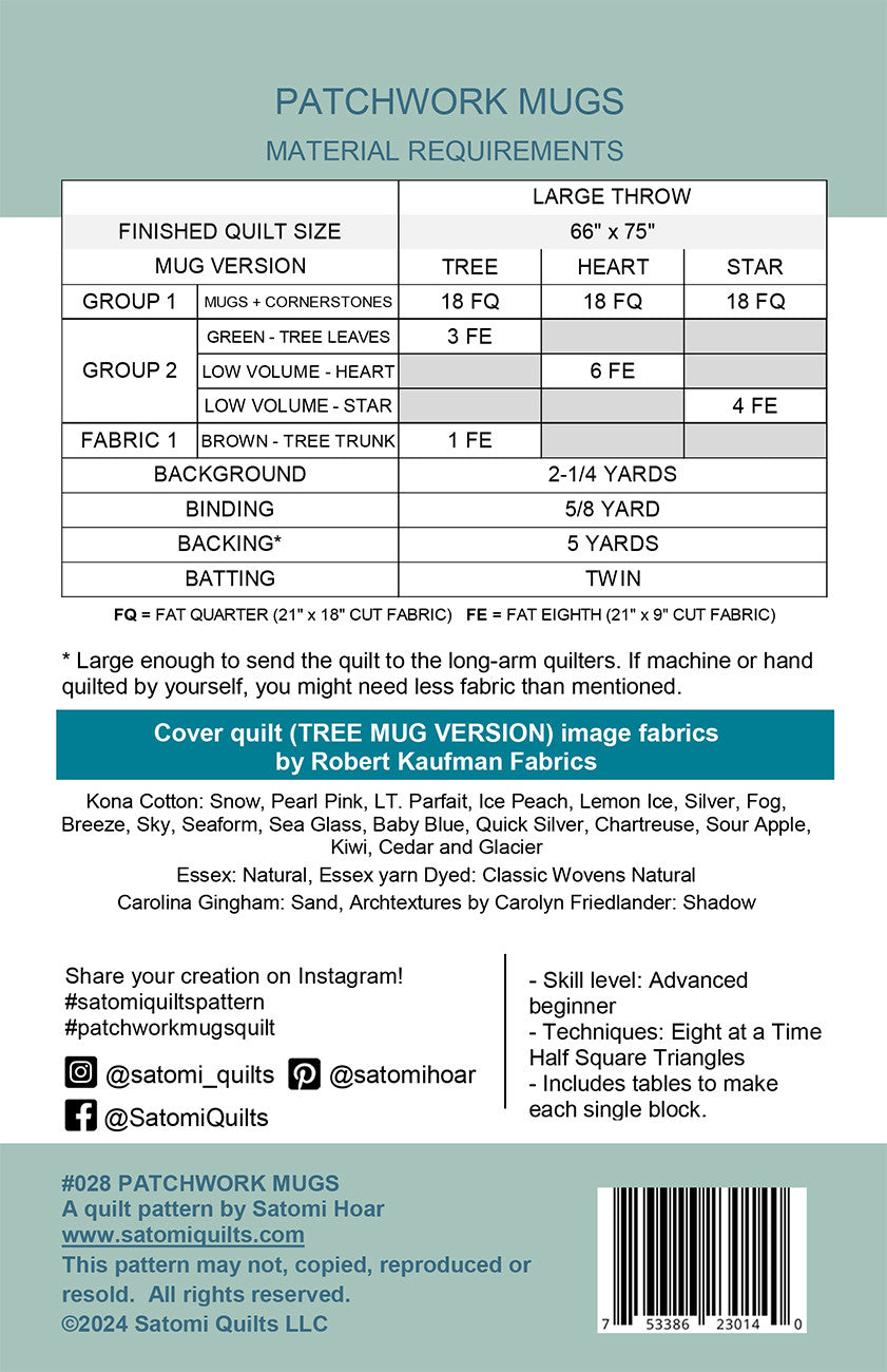 Back of the Patchwork Mugs Quilt Pattern by Satomi Quilts LLC