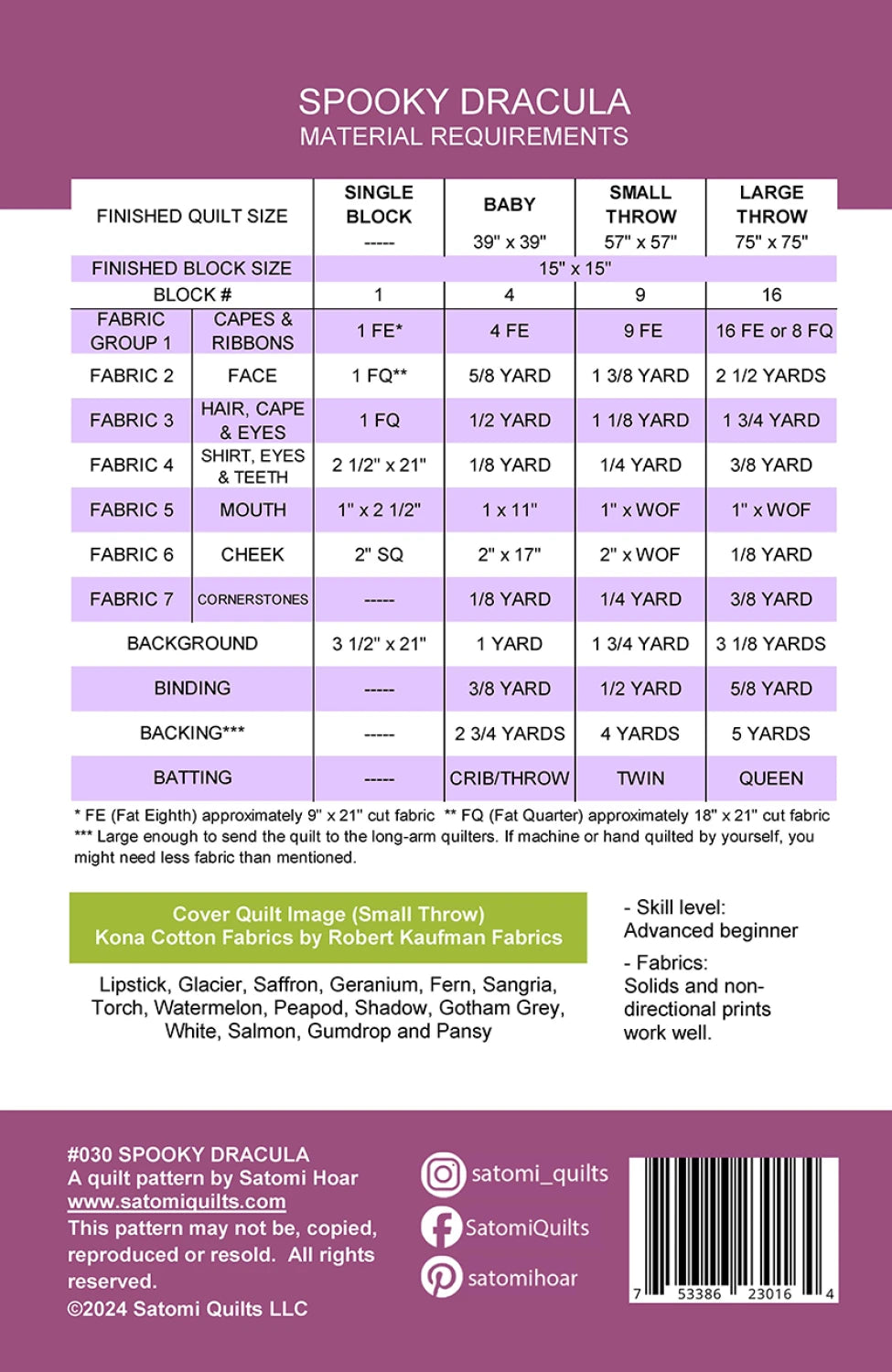 Back of the Spooky Dracula Quilt Pattern by Satomi Quilts LLC