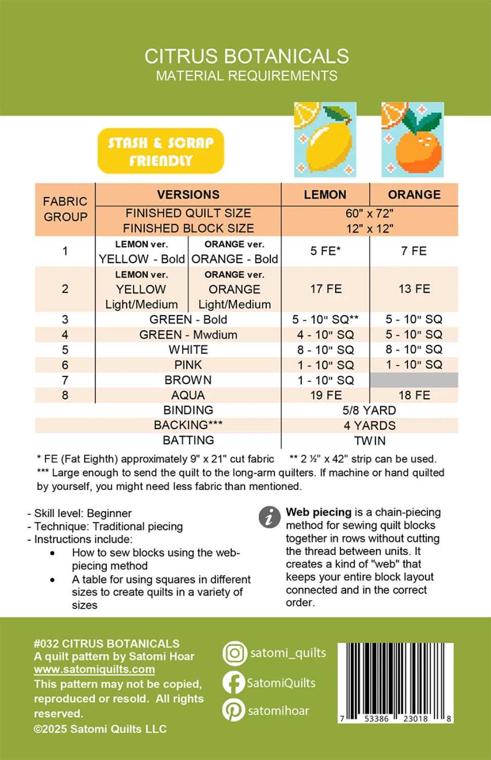 Back of the Citrus Botanicals Quilt Pattern by Satomi Quilts LLC