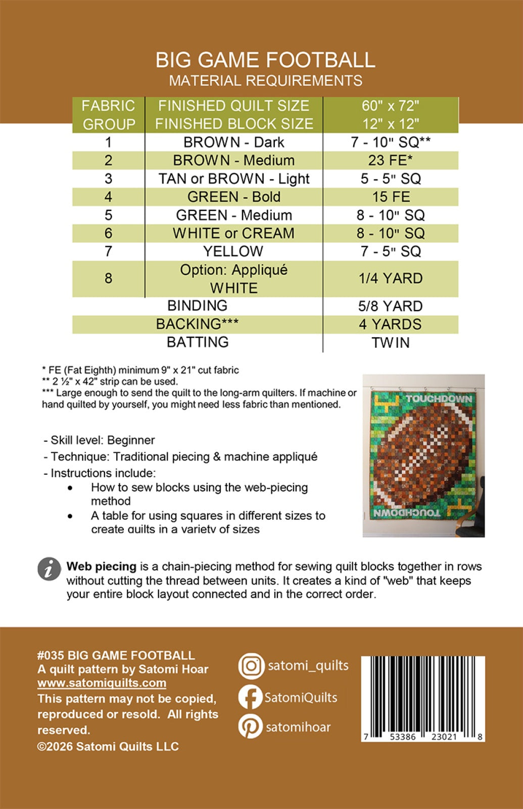 Back of the Big Game Football Quilt Pattern by Satomi Quilts LLC