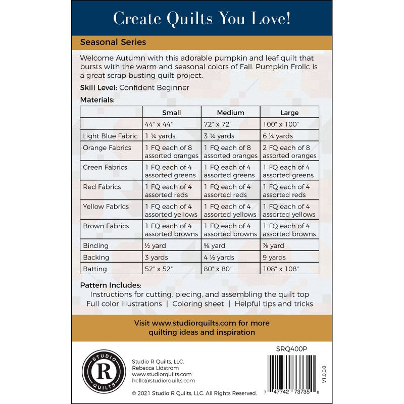 Back of the Pumpkin Frolic Quilt Pattern by Studio R Quilts