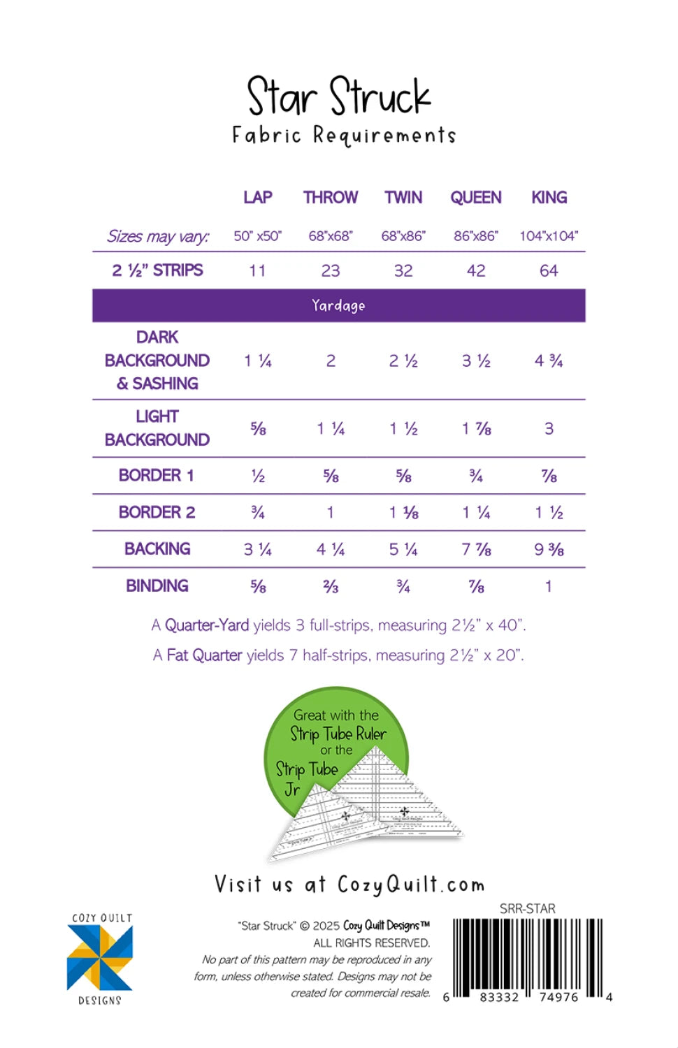 Back of the Star Struck Quilt Pattern by Cozy Quilt Designs