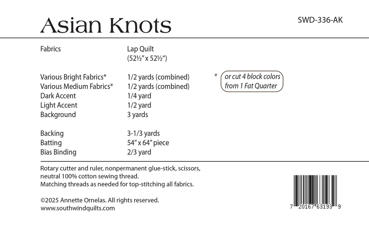 Back of the Asian Knots Quilt Pattern by Southwind Designs