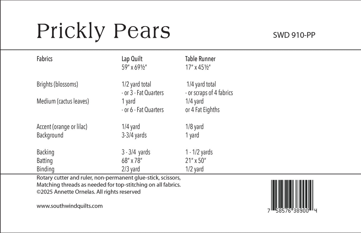 Back of the Prickly Pears Quilt Pattern by Southwind Designs