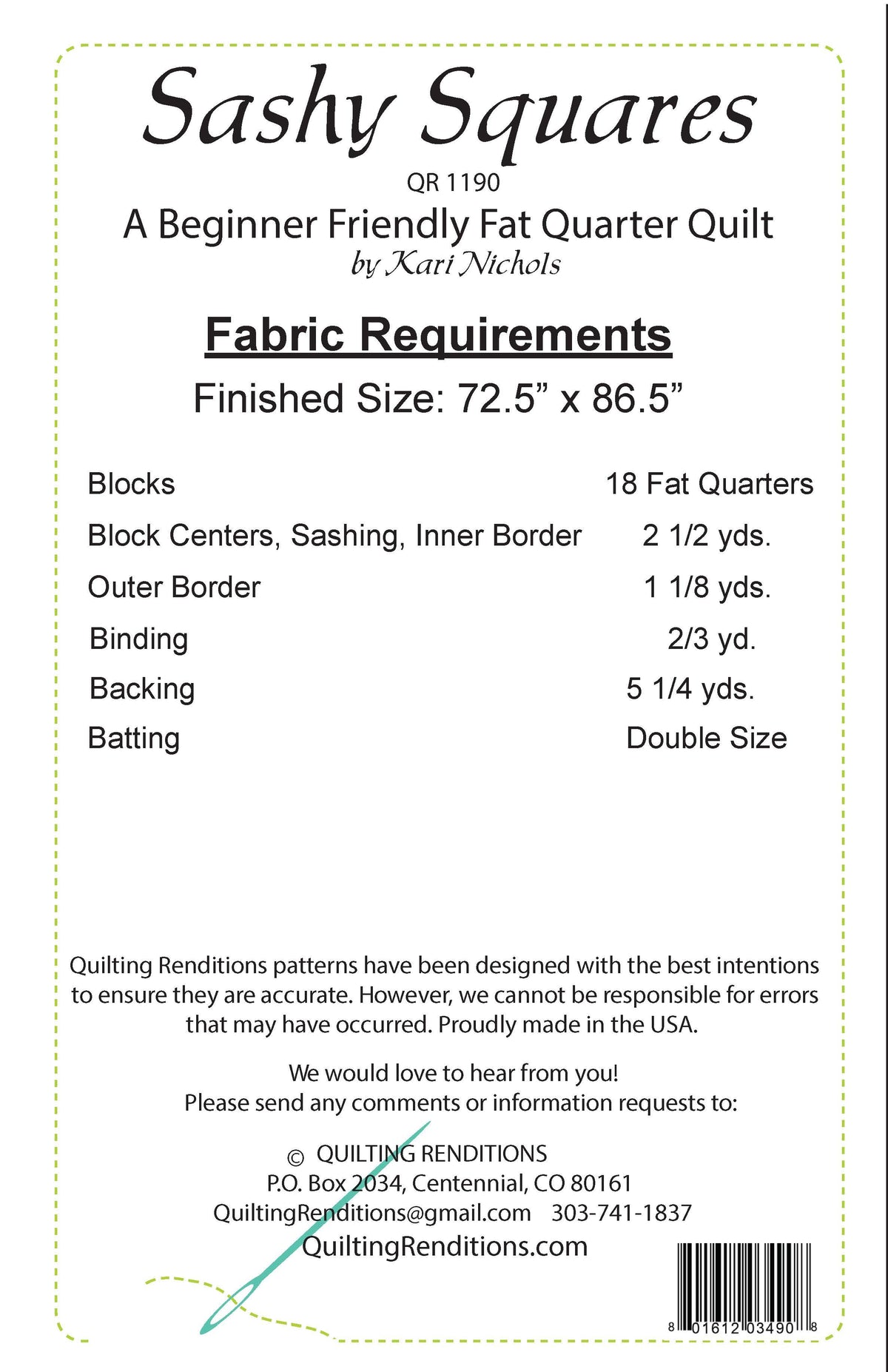 Back of the Sashy Squares Pattern by Quilting Renditions