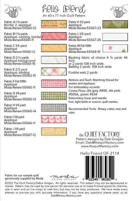 Back fo the Hello Friend Quilt Pattern by The Quilt Factory