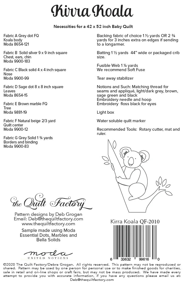 Back of the Kirra Koala Quilt Pattern by The Quilt Factory
