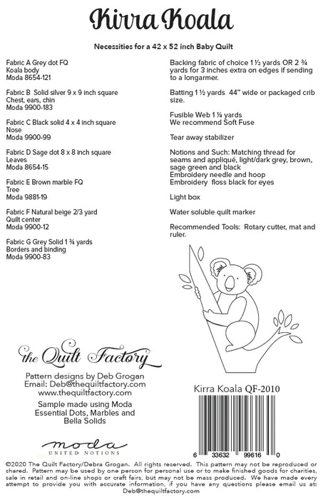 Back of the Kirra Koala Quilt Pattern by The Quilt Factory