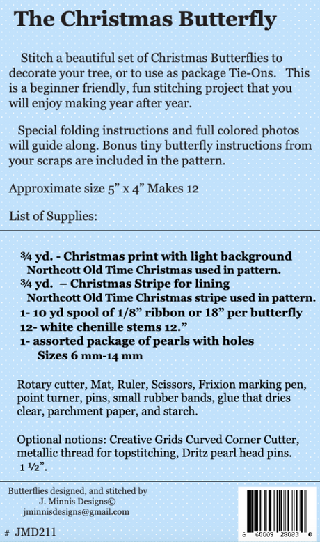 Back of the The Christmas Butterfly Pattern by J. Minnis Designs