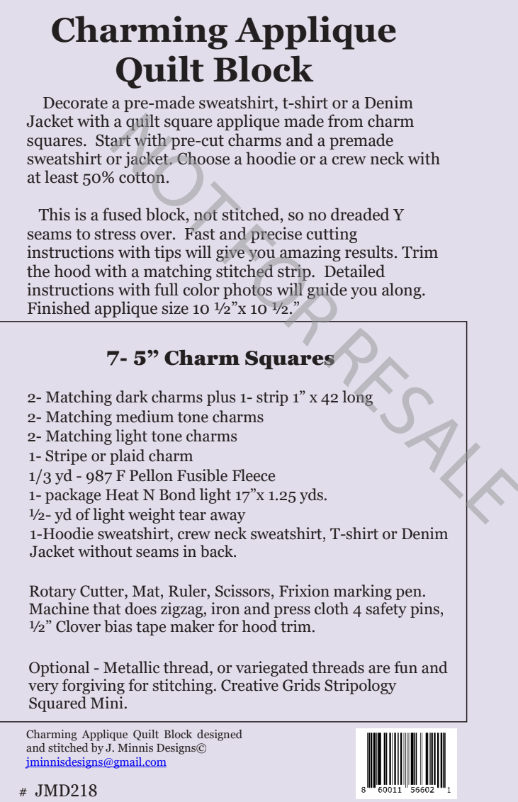 Back of the Charming Applique Downloadable Pattern by J. Minnis Designs