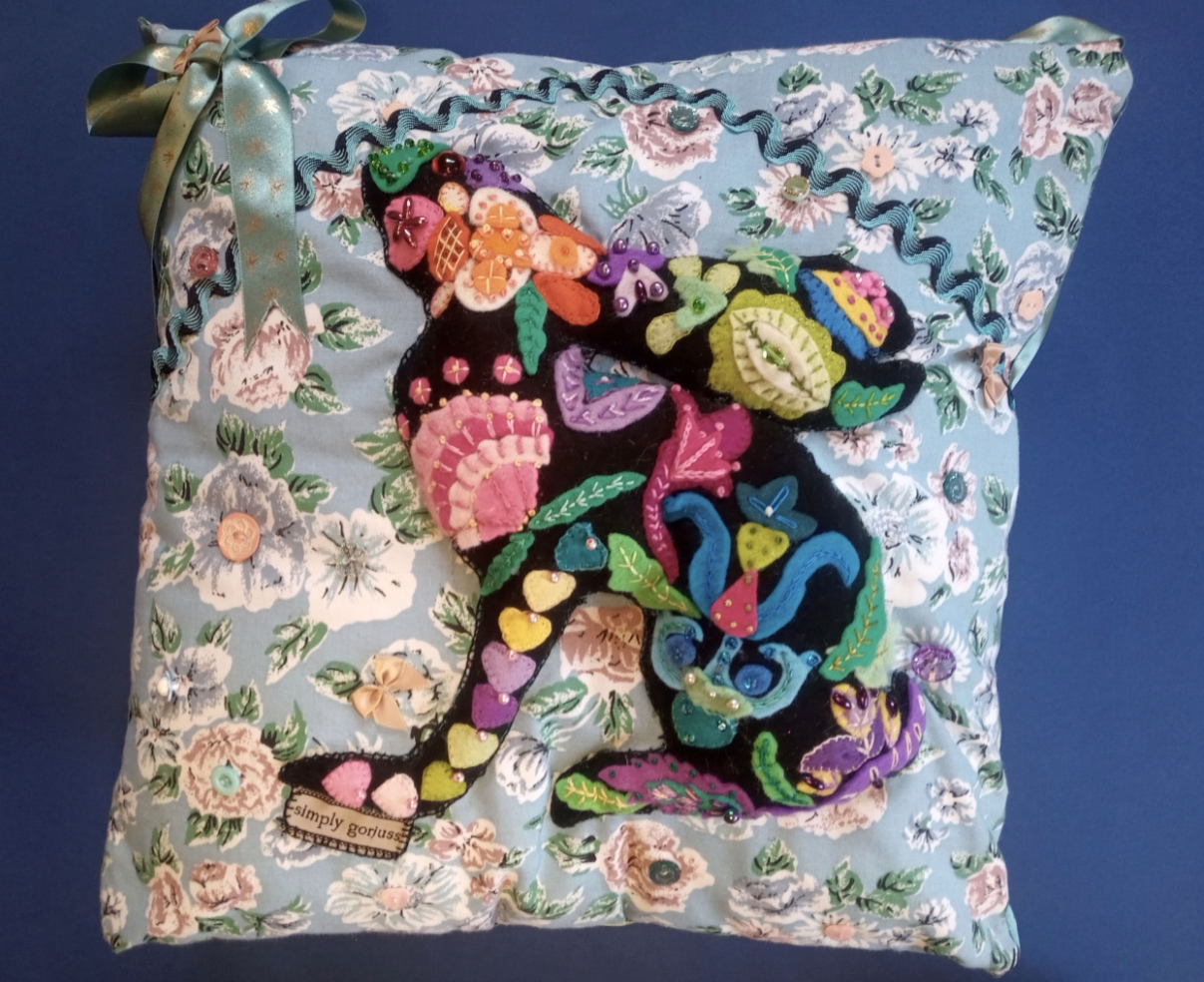 Ebony Hare Embroidered Cushion Downloadable Pattern by Pams Penny Rugs