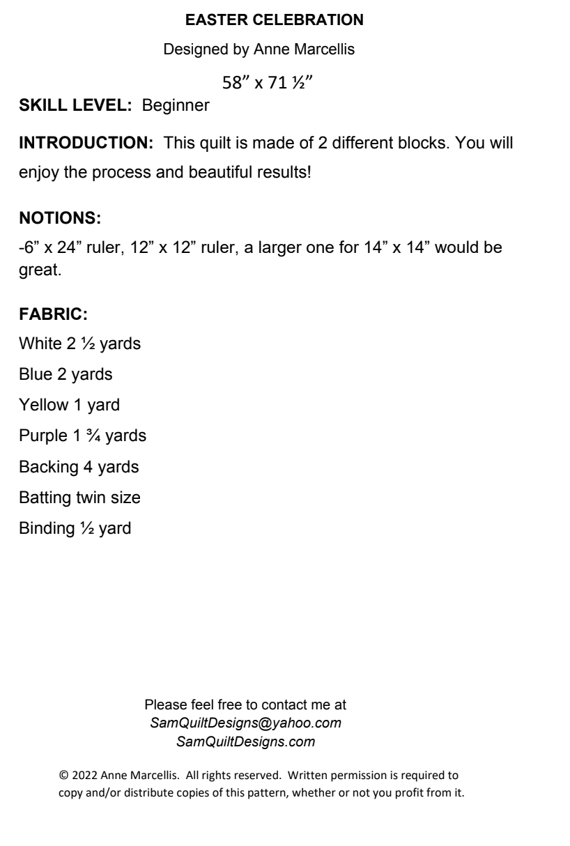 Back of the Love of Spring Downloadable Pattern by Sam Quilt Designs