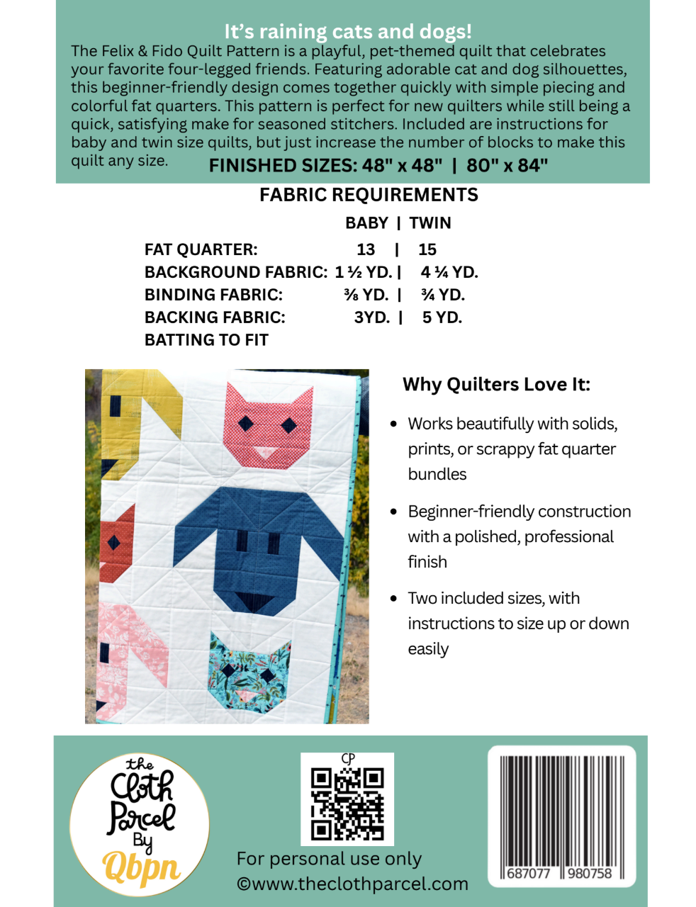 Back of the Felix & Fido Quilt Downloadable Pattern by Cloth Parcel