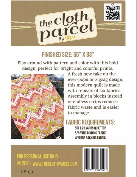 Back of the Modern Zigzag Quilt Downloadable Pattern by Cloth Parcel