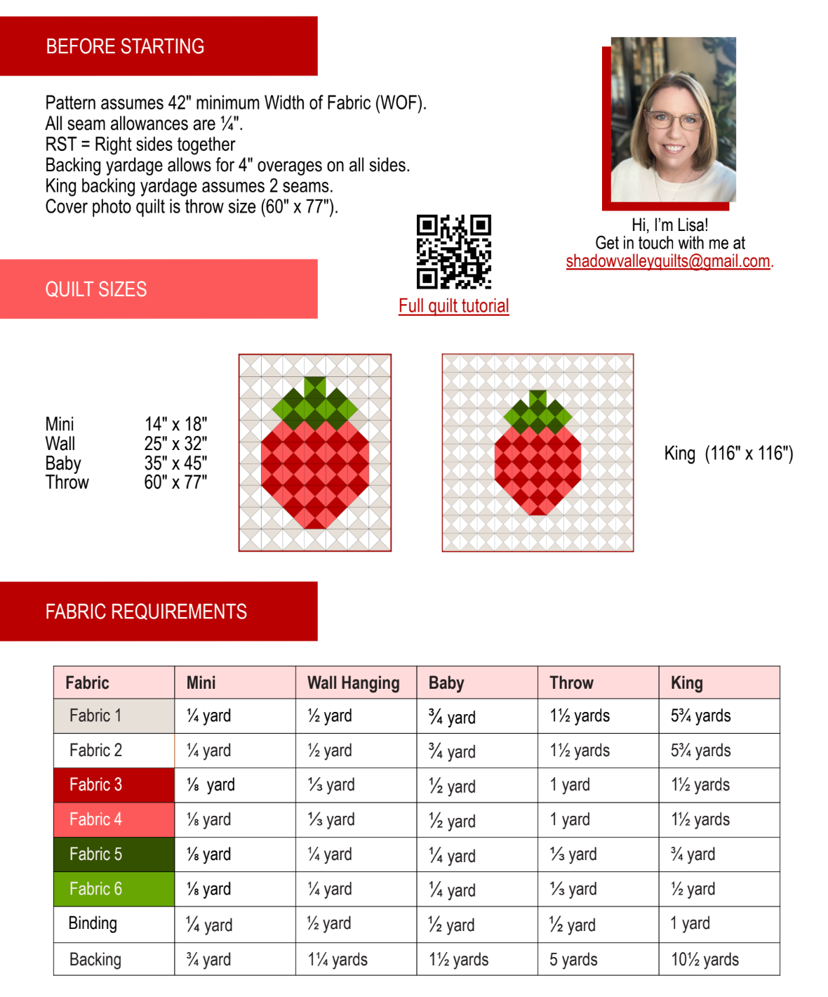 Back of the Strawberry Days Downloadable Pattern by Shadow Valley Quilts