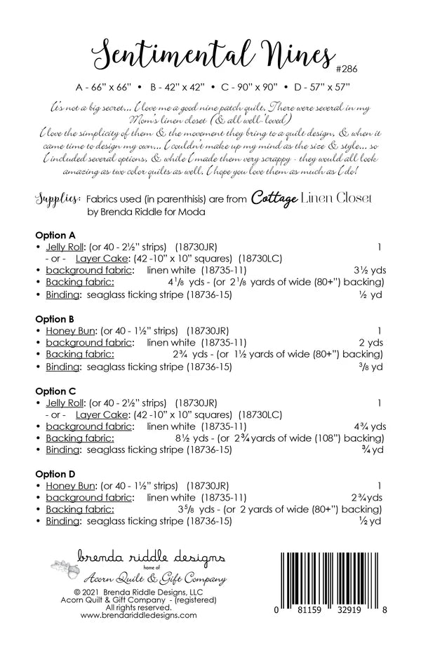 Back of the Sentimental Nines Quilt Pattern by Brenda Riddle Designs