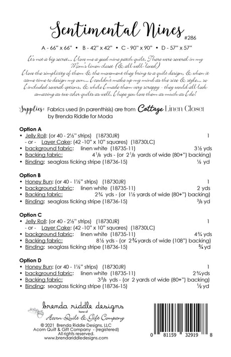 Back of the Sentimental Nines Quilt Pattern by Brenda Riddle Designs