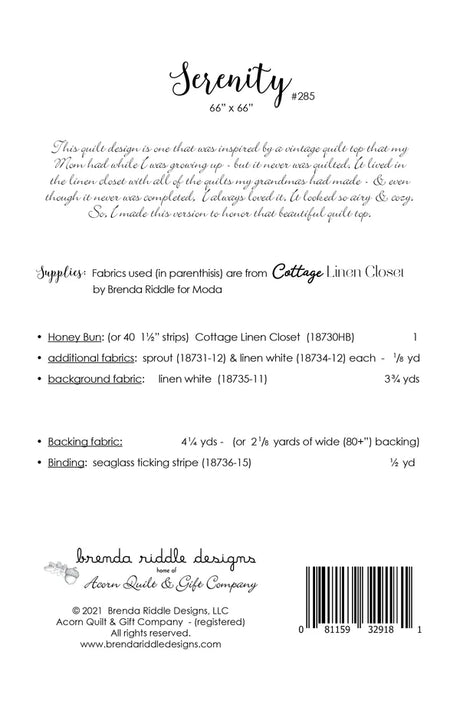 Back of the Serenity Quilt Pattern by Brenda Riddle Designs