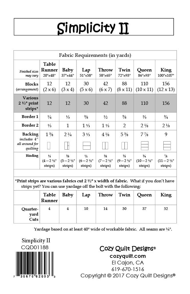 Back of the Simplicity II Downloadable Pattern by Cozy Quilt Designs