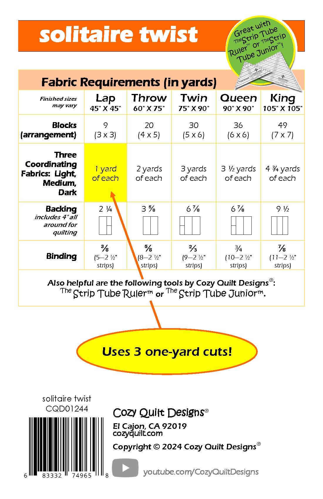 Back of the Solitaire Twist Downloadable Pattern by Cozy Quilt Designs