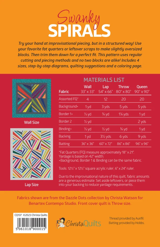 Back of the Swanky Spirals Downloadable Pattern by Christa Quilts