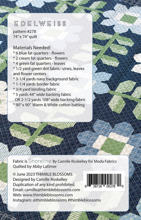 Back of the Edelweiss Quilt Pattern by Cherry Blossoms
