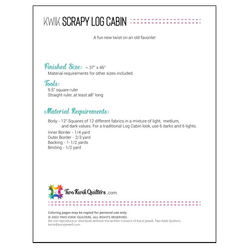 Back of the Kwik Scrappy Log Cabin Quilt Pattern by Karie Jewell