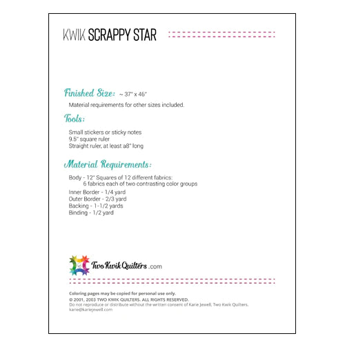 Back of the Kwik Scrappy Star Quitl Pattern by Karie Jewell