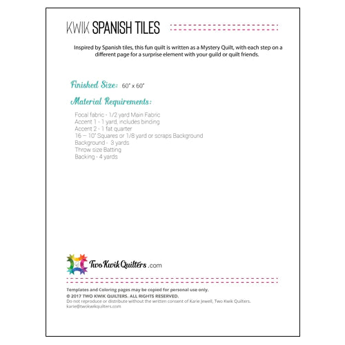 Back of the Kwik Spanish Tiles Quilt Pattern by Karie Jewell