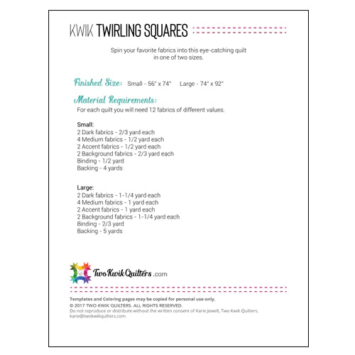 Back of the Twirling Squares Quilt Pattern by Karie Jewell