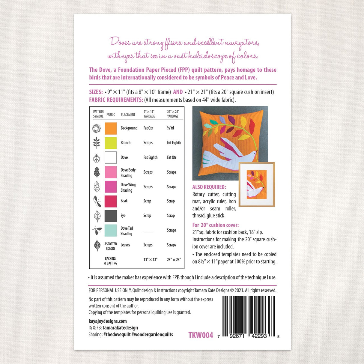 Back of the The Dove Quilt Pattern by Tamara Kate Designs