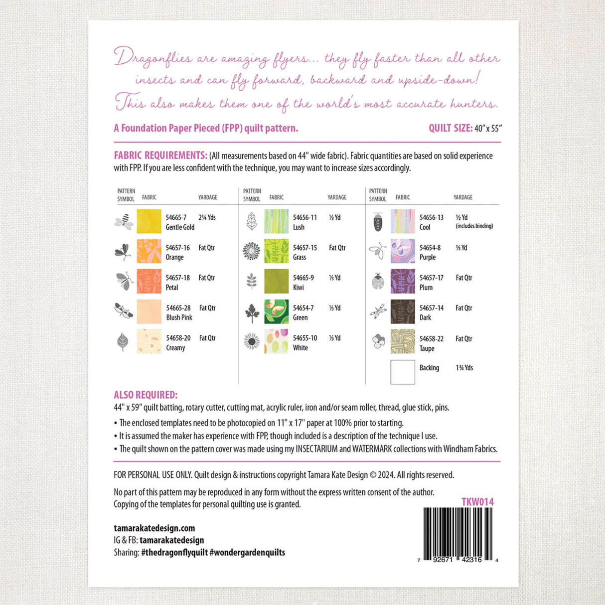 Back of the The Dragonfly Quilt Pattern by Tamara Kate Designs