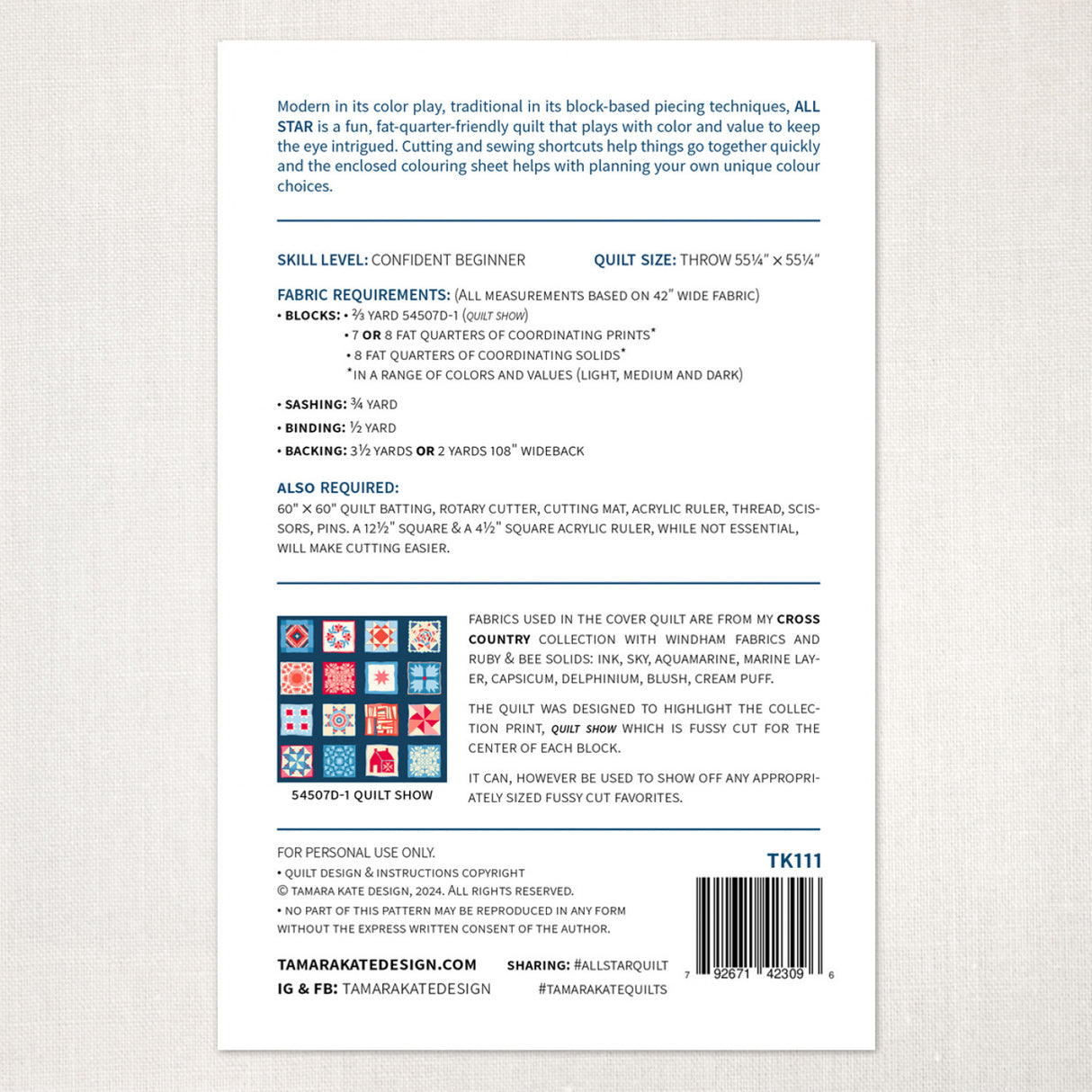 Back of the All Star Quilt Pattern by Tamara Kate Designs