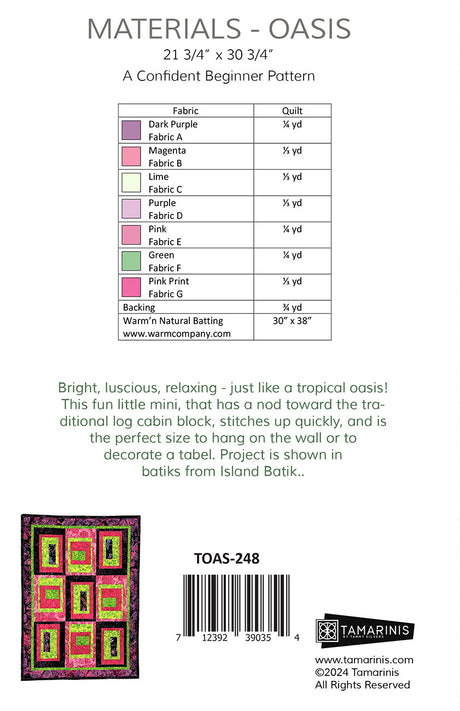 Back of the Oasis Quilt Pattern by Tamarinis