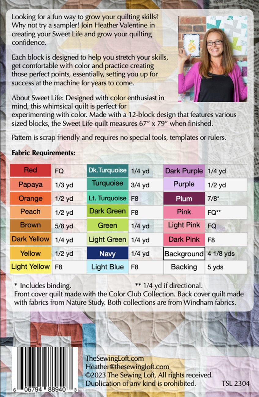 Back of the Sweet Life Sampler Quilt Pattern by Sewing Loft